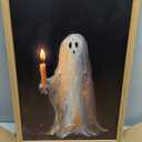 Framed Vintage Halloween Ghost Canvas Wall Art, Cute Ghost Holding Candle Pictures Wall Decor, Spooky Gothic Dark Academia Paintings Prints for Living Room Bedroom Bathroom 16x24 inch