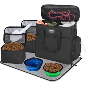 Dog Travel Bag Airline ApprovedPet Travel Tote with Collapsible Bowls,Food Containers & Feeding MatMulti-Pocket Organizer for Dogs & Cats, Durable & Water-Resistant for Hiking,Trips,Outdoors (Dark Gray)
