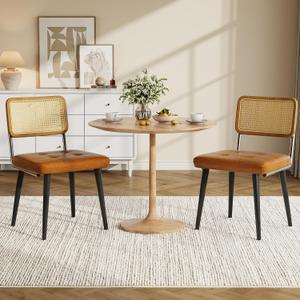 Garvee Rattan Dining Chairs Set of 2, Upholstered Dining Room Chairs with Rattan Backrest, Armless Side Chairs for Kitchen Living Room, Restaurant, PU Leather, Brown, 2 PCS