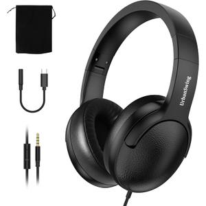 UrbanSwing W4 Corded Headphones with Mic, 3.5mm Jack & USB-C Headphone Adapter for iPhone, Samsung, iPad, Laptop, Mp3, 4.9ft Long Wire, Inline Control & Velvet Pouch, for School, Office, Travel, Black