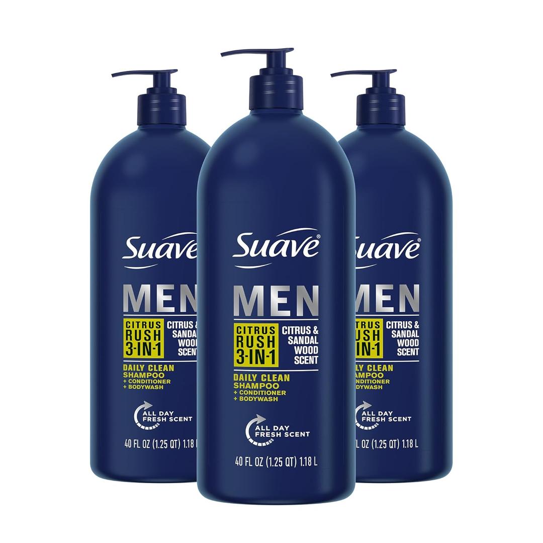 Suave Shampoo Conditioner Bodywash Men 3 in 1 Citrus & Sandal Wood to Cleanse and Nourish Hair and Skin, 40 oz, Pack of 3