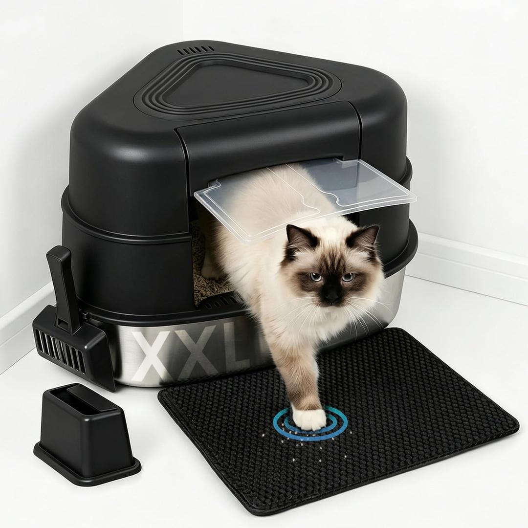 Stainless Steel XXL Corner Cat Litter Box with Lid, Enclosed Hidden Space Saving Design, High Sided Cat Toilet Covered Litter Pan for Large Cats, Black