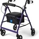 Medline Aluminum Rollator Walker with Seat, Purple, 250 lb. Weight Capacity, Lightweight, 6” Wheels, Foldable, Adjustable Handles, Rolling Walker for Seniors