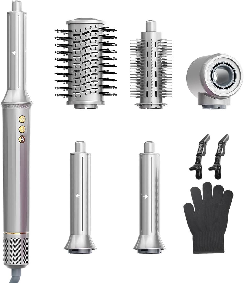 JIGGL 5-in-1 Hot-Air Brush Styler & Dryer - No Heat Damage Auto Wrap Multistyler - 110,000 High Speed Fast Drying Blow Dryer Brush Set - Airbrush Hair Styler & Air Curler for Women Gray
