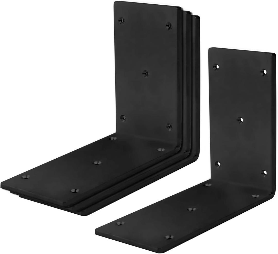 4 Pack 6" x 2-3/8" Black Heavy Duty Steel Corner Braces, 90 Degree Right Angle Metal L Bracet, Post and Beam Connector for Wood Timber, 8 Gauge
