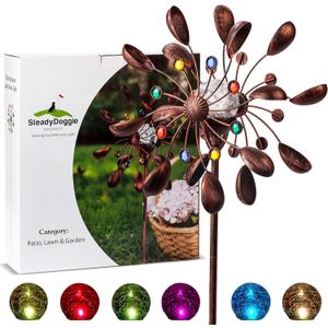 SteadyDoggie 75-Inch Wind Spinners Jewel Cup - Solar-Powered with Multi-Color LED Glass Ball - Metal Kinetic Windmill for Dual Wind Direction - Easy to Assemble Garden and Outdoor Yard Decorations