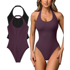 OQQ Women Halter Neck Bodysuits 2 Pack Sleeveless Shapewear One Piece Leotard Shirt Going Out Tops, Size: Small