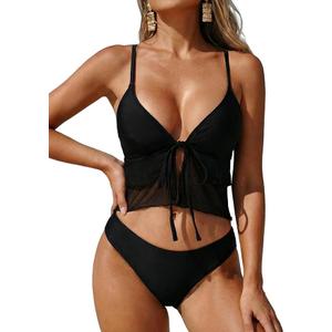 ZAFUL Womens Mesh Tankini Swimsuits Flowy Two Piece Bathing Suit V Neck Layered Ruffle Tie Front High Cut Cheeky Swimwear Large