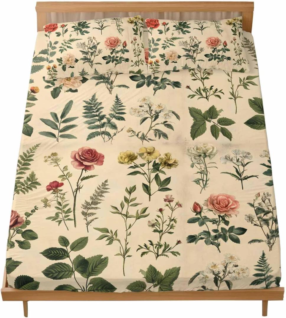 Bedding Queen Size Fitted Sheets Fit 5"-16" Deep Pocket Mattress,Retro Blossom Flower Green Leaves Soft Bottom Sheet Botanical Plant on Beige Fitted Sheet Bed Set with Pillow Case,No Top Sheet (Khaki)