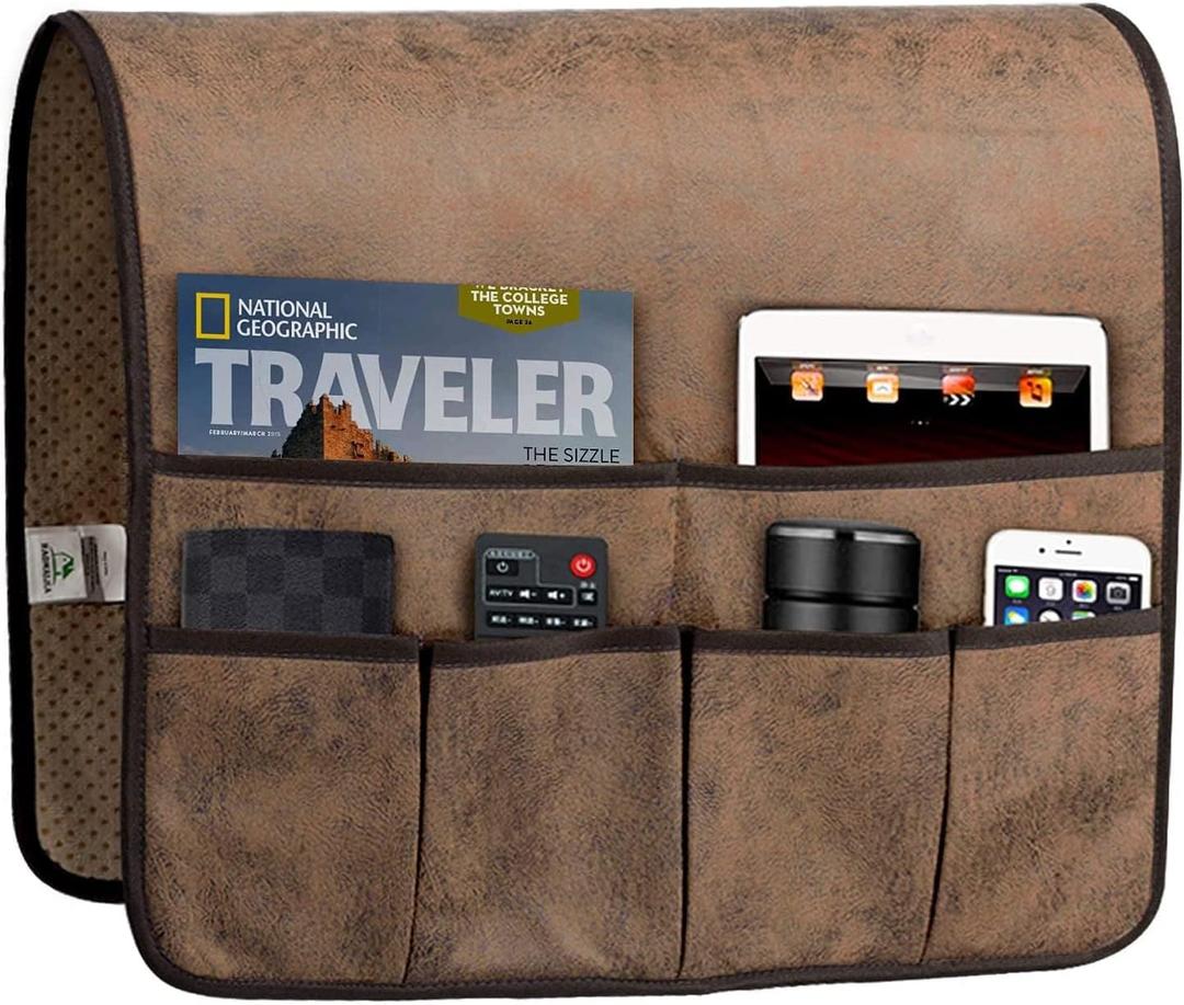 HAOMAIJIA Anti Slip Sofa Armrest Organizer Arm Chair Bedside Caddy Storage Organizer For Recliner Couch With 6 Pockets For Cell Phone Tv Remote Control Magazines (brown) (35 Inches  19.3 Inches)