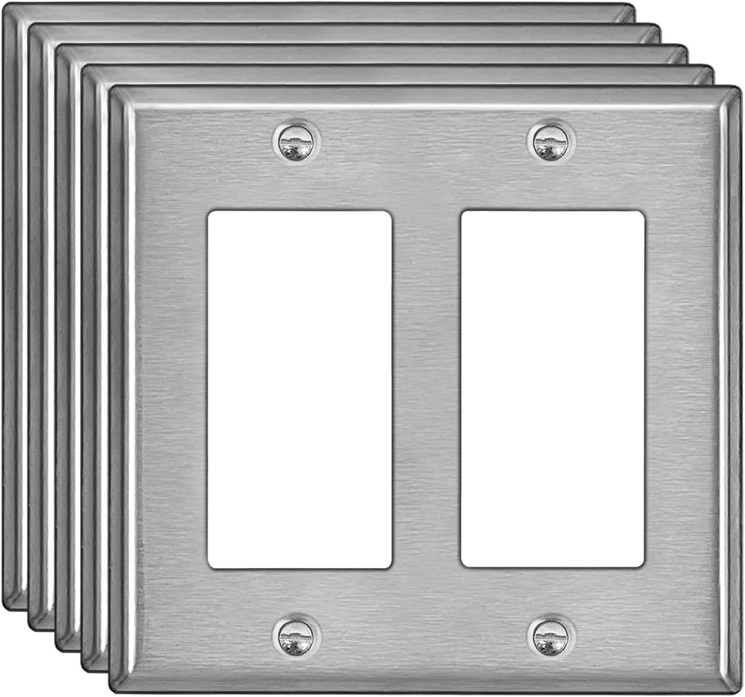 [5 Pack] BESTTEN 2 Gang Decor Metal Wall Plate with Plastic Film, Decorator Stainless Steel Outlet Cover, Durable Corrosion Resistant Industrial Grade Material, H4.53 x W4.57, Brushed Finish, Silver