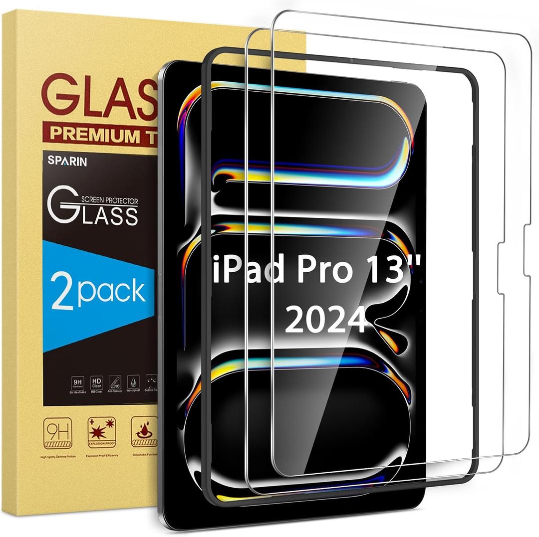 SPARIN Screen Protector for iPad Pro 13 inch M4 7th Generation(2024 Released), 2 Pack Tempered Glass Film with Alignment FrameApple Pencil Pro Compatible and Case Friendly