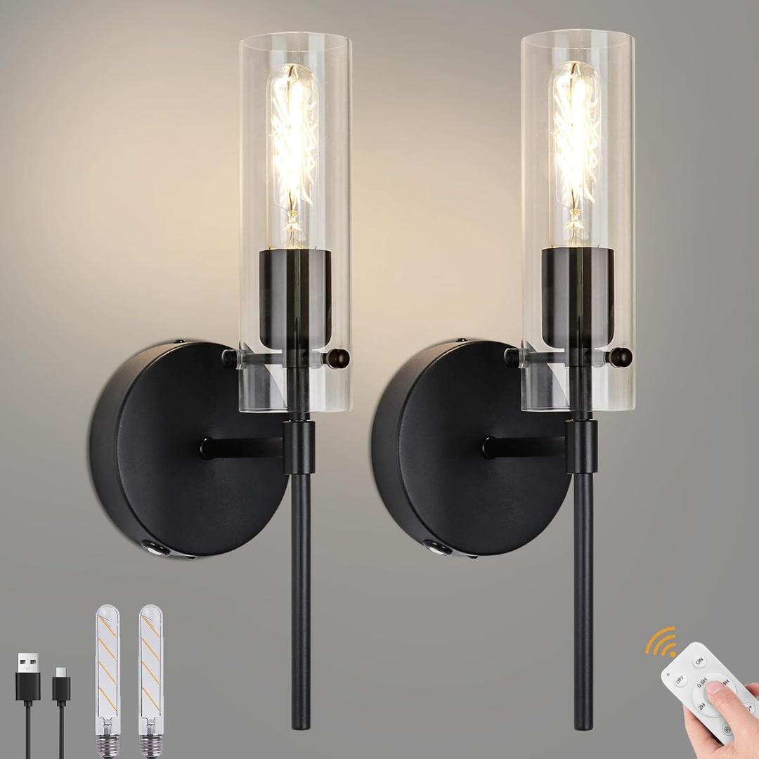 Battery Operated Wall Sconces, Black Rechargeable Wall Lights 2Color Temperature Bulbs 7800mAh Wall Light No Wiring Endurance 100 Hours Fast Charging Wall Sconce for Living Room Bedroom