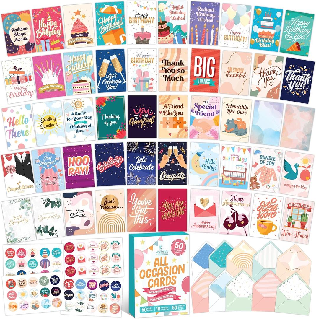 Decorably 50 Pack Gold Foiled & Glittery 5x7in All Occasion Cards Assortment Box with Envelopes & Stickers, 50 Unique Designs for Friends, Family and Loved Ones with Printed Message - Gifting, Mailing