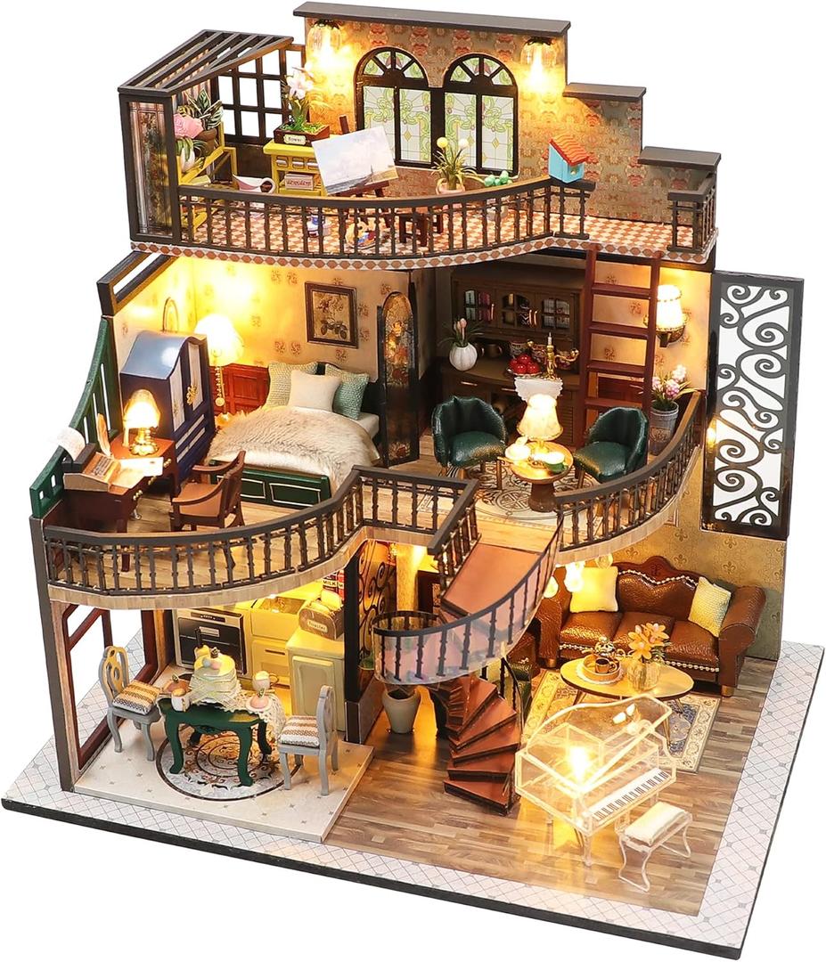 Spilay DIY Miniature Dollhouse Kit with Wooden Furniture,1:24 Scale Mini House with Dust Proof Cover & Music Box,Best Valentine's Day (M2132)