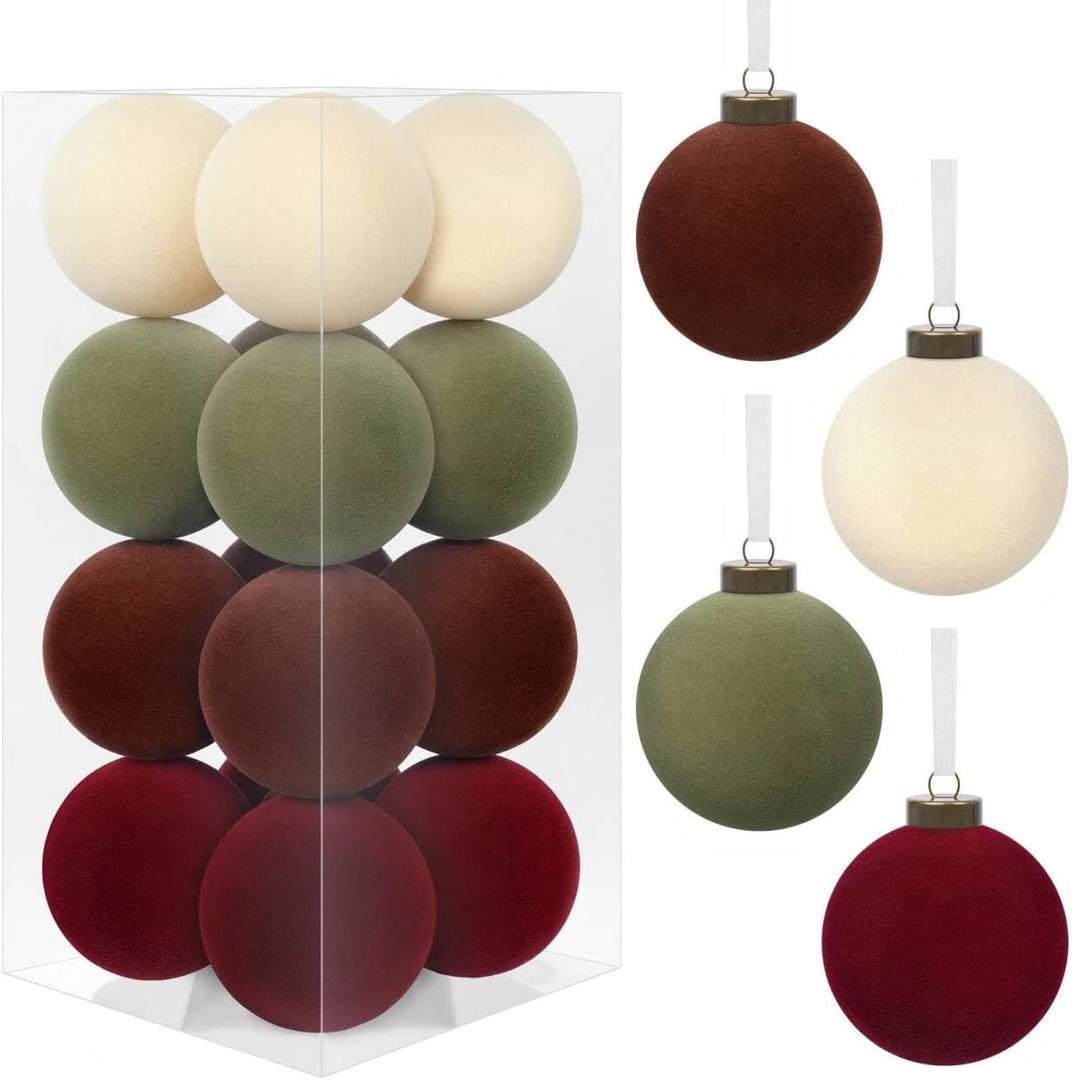 16 Pcs Velvet Christmas Balls, 3.15" Christmas Velvet Ornaments for Xmas Tree, Vintage Hanging Balls Include Green Red Brown Ornament, Flocked Ornaments Ball for Xmas Holiday Home Indoor Decor (Multi Color)