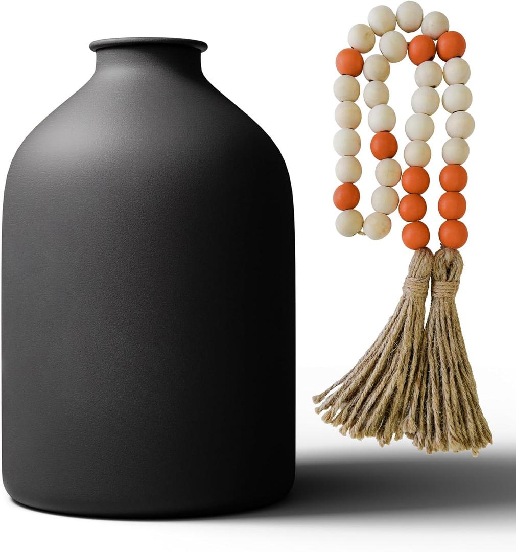 Large Black Vases Home Decor Flower Vase For Centerpieces Living Room 8.6in Tall Black Matte Iron Vase For Coffee & Dining Table Decor Pampas Grass Rustic Modern Wabi Sabi Decor with Wood Bead Garland