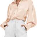 BTFBM Women Satin Blouses Summer Fall Clothes Button Down Lantern Long Sleeve Shirts Work Business Casual Dressy Tops (X-Large, Beige)