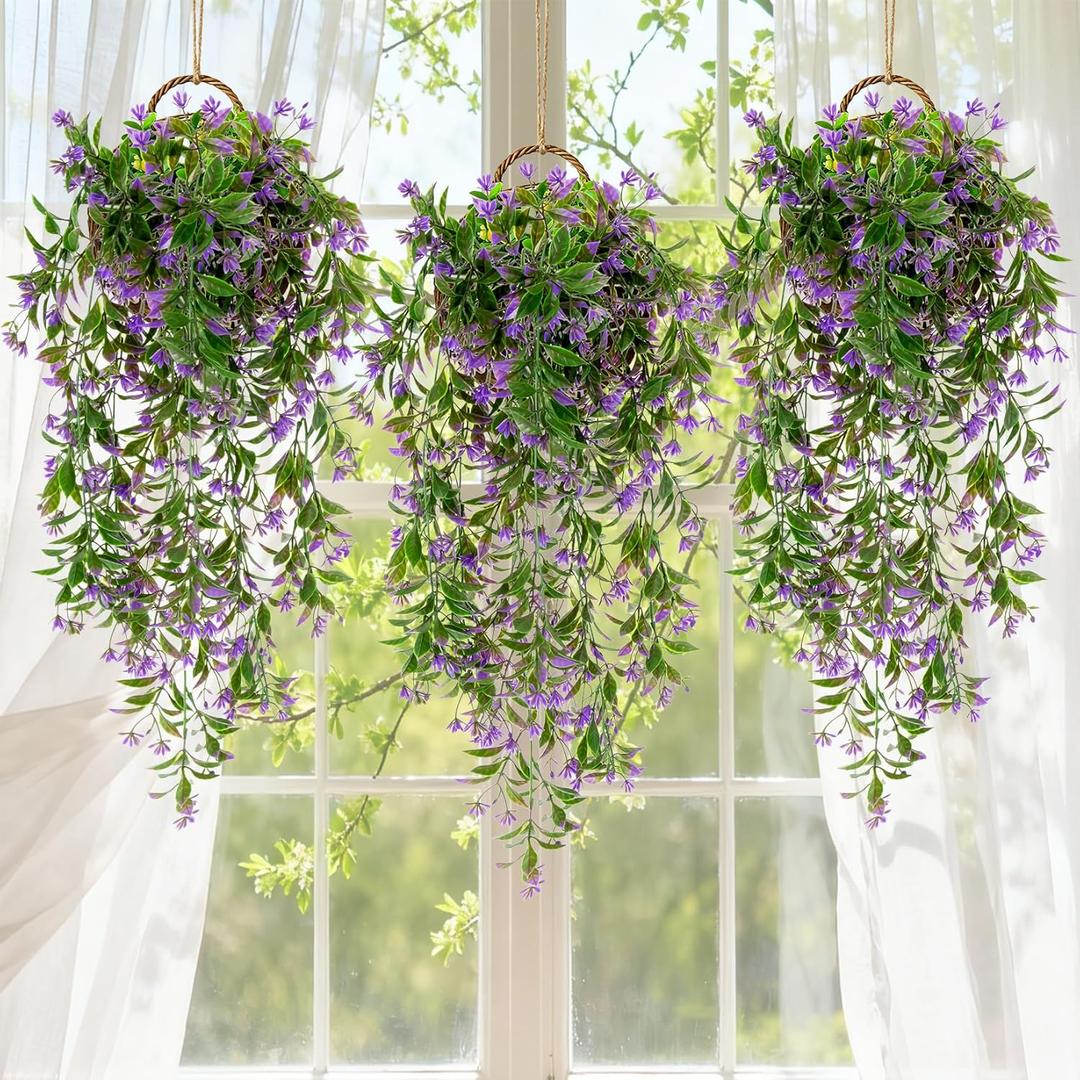 RAINFLOW 3PCS Artificial Hanging Flowers for Outdoors - UV Resistant Artificial Ivy Vines with 135 Purple Flower, Lifelike Greenery Fake Flowers for Shelf Door Wall Room Wedding Party DIY Decoration