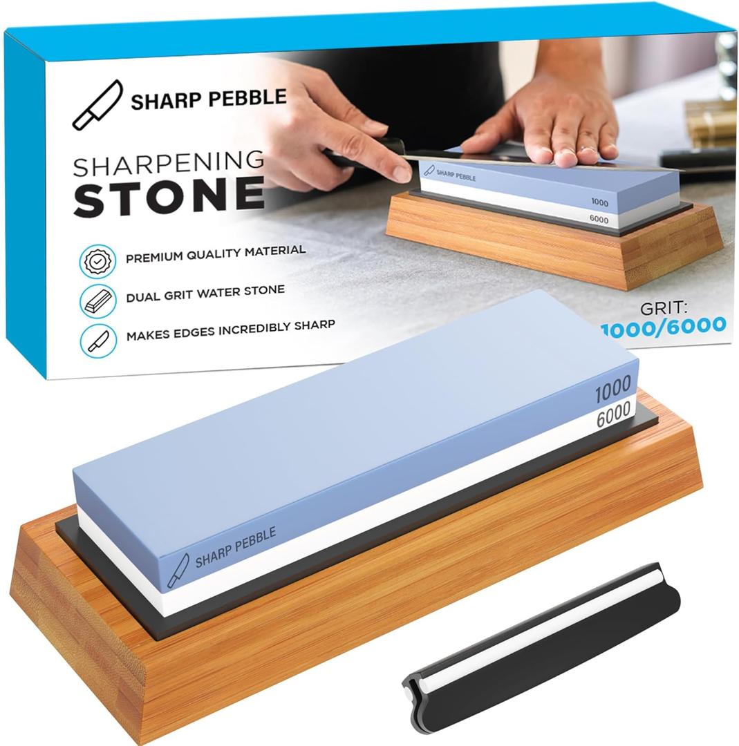 Sharp Pebble Premium Whetstone Knife Sharpening System  1000/6000 Grit Whetstone Knife Sharpener & Honing Kit with Angle Guide & Non-Slip Bamboo Base  Guided Beginner Instructions