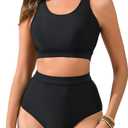 Halcurt Women's Athletic High Waisted Bikini Sets Two Piece Sport Scoop Neck Cheeky Swimsuit Black Large