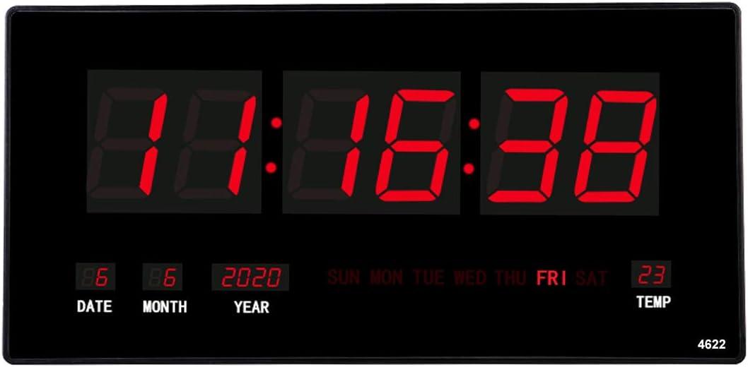 18.5 Inch Large Red Oversized LED Clock with Indoor Temperature, Calendar Display with Date and Day of Week,Mounted Electric Wall Desk Clock Timer,Red (18.5inch)