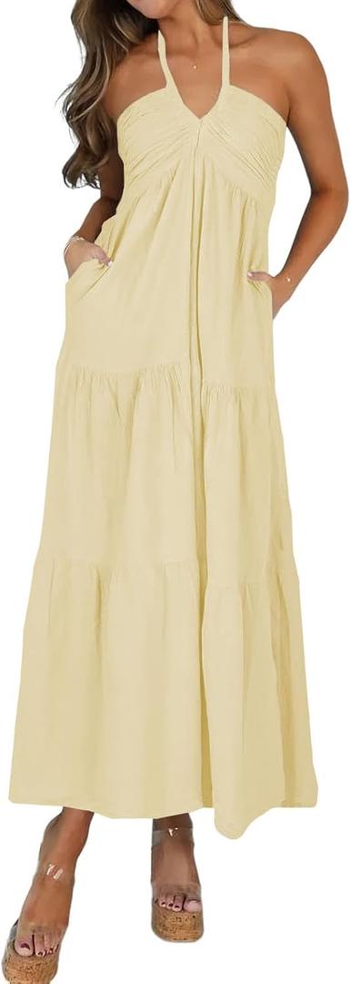 Women's Casual Halter Tiered Vacation Maxi Dress with Pockets (Yellow, M)