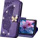 Wallet Case for Samsung Galaxy S25 FE, Women Butterfly Embossed PU Leather Flip Folio Cover Credit Card Holder Slots Stand Case for Galaxy S25 FE Diamond Butterfly Purple SD