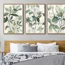 Large Framed Canvas Wall Art - Natural Float Framed Rustic Green Flowers Leaves Pictures Paintings White Grey Artwork Decor for Bedroom Living Room Kitchen Home Office Decoration 48" X 24" Set of 3, 16" X 24" X 3pieces Framed