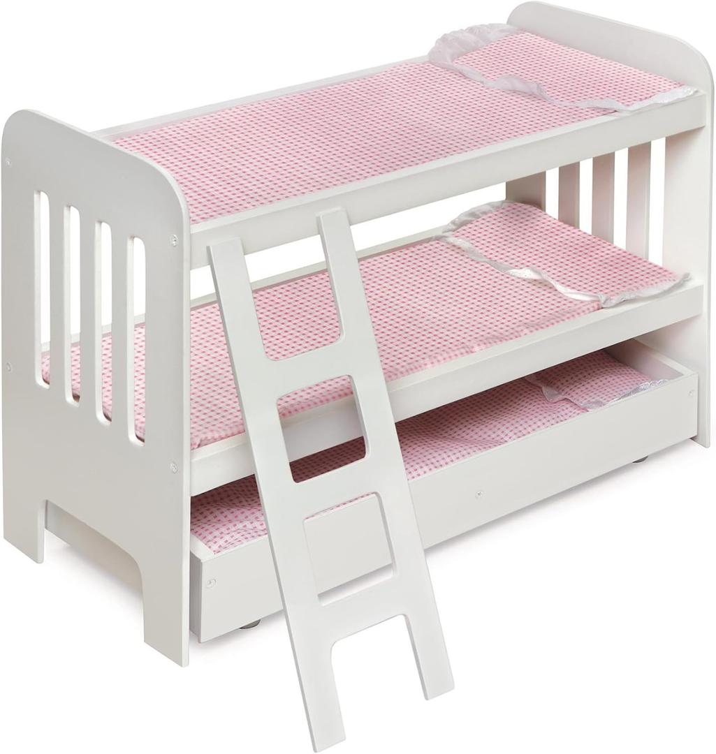 Badger Basket Doll Bunk Bed with Bedding, Ladder, and Free Personalized Kit - Fits Dolls Up to 22 Inches - Ideal for Girl Dolls and Baby Dolls for Pretend Play - White/Pink