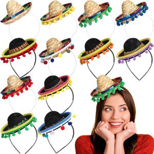 Mumufy 12 Pcs Mexican Sombrero Headband Hats Bulk for Adults Mini Fiesta Hats with Fabric Cinco De Mayo Party Decorations(Pastoral)