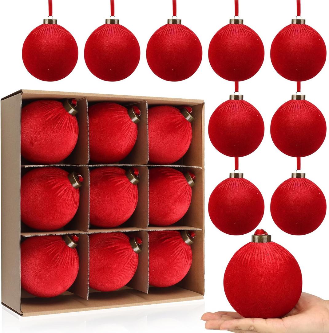 9 PCS Velvet Christmas Balls Ornaments 4inch& 6inch Christmas Large Ball Set for Xmas Tree Decor, Holiday Home Party (Red, 4inch)