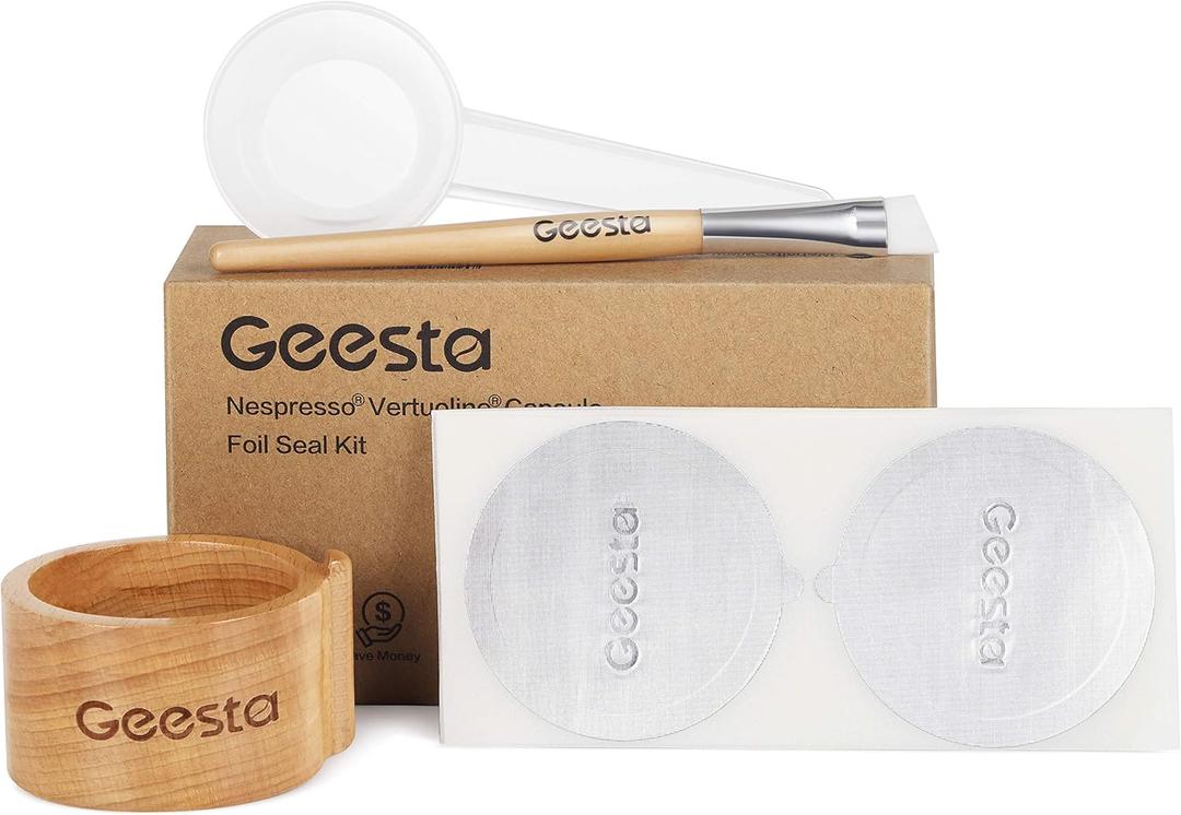 GEESTA Reusable Aluminum Foil Seals Kit Compatible with Nespresso Vertuoline Capsules (Wooden)