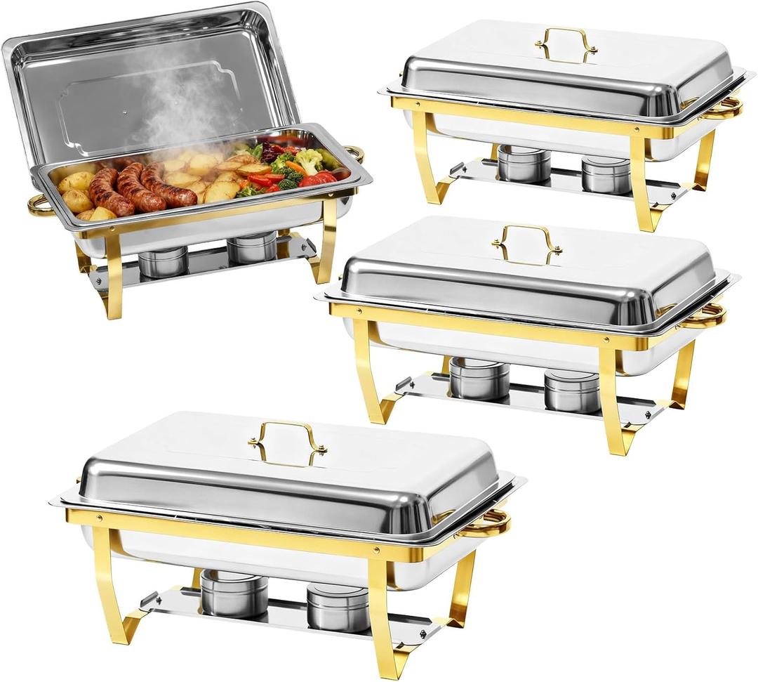 9Qt Chafing Dishes for Buffet, Gold Stainless Steel Chafing Dish Sets, Food Warmers for Parties, Buffet Servers and Warmers, Warming Trays for Buffets Party, Catering Supplies Buffet Display, 4 Pack