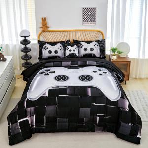 PERFEMET Boys Bedding Set Full Size 6-Piece Video Game Kids Bed in A Bag with Sheets Soft Comfy Black and White Game Console Comforter Set for Teen Girls(White, Full)