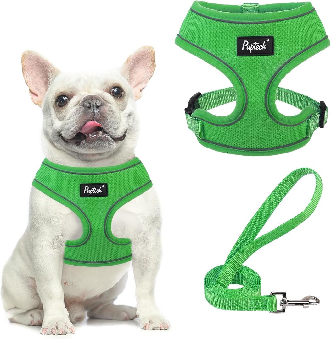 PUPTECK Soft Mesh Dog Harness and Leash Set Pet Puppy Cat Comfort Padded Vest No Pull Harnesses, Solid Green, M (M (NECK: 14", CHEST: 17"-21"))