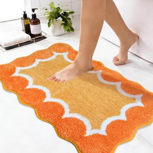 Scalloped Orange Bathroom Rugs Mat,Non Slip Absorbent Quick Dry Bath Mats for Shower Room,Plush Microfiber Bath Rug for Bathroom Floor Washable Carpet for Shower Tub Sink Bedroom,20"x32"