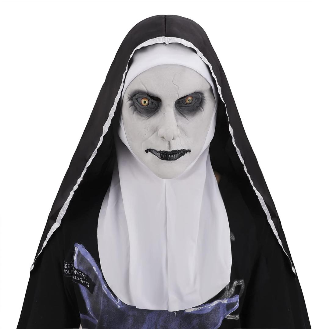Scary Latex Nun Mask with Scarf Horror Nun Dress Up Full Head Masks for Halloween Costume Party Props