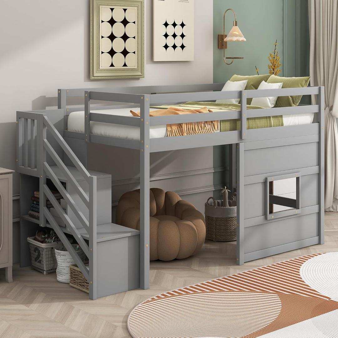 Favfurish Twin Size Loft Bed with Storage Staircase and Window,Wood loft Bedframe w/Length Guardrail and Slat Support, No Box Spring Needed,for Kids,Teens,Boys,Girls,Gray (Grey)