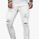 OIIIO, Men's Blue Slim Fit Jeans Stretch Destroyed Ripped Skinny Jeans Side Striped Denim Pants, size 40