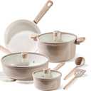 CAROTE 12Pcs Ceramic Pots and Pans Set Non Stick, Healthy Cookware Set, PFAS/PFOA Free, Kitchen Cooking Set with Frying Pans, Taupe (Brown)
