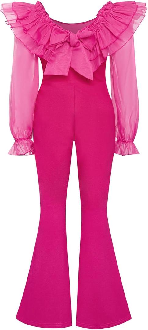 WDIRARA Girl's Ruffle Trim Square Neck Long Sleeve Flare Leg Jumpsuit High Waist Contrast Mesh Long Romper 8Y