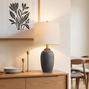 24.5" Ceramic Black Lamp for Living Room with Pre-Attached Shade | Single Rustic Bedside Lamps, Hand-Textured Farmhouse Vintage Table Lamps for Bedroom Nightstands, Side End Table Home Decor