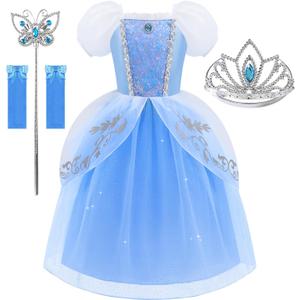 Aolliya Princess Dress for Girls Puff Sleeves Princess Costume Blue Fancy Dress Up for Halloween Cosplay Party Carnival (6-7/130)