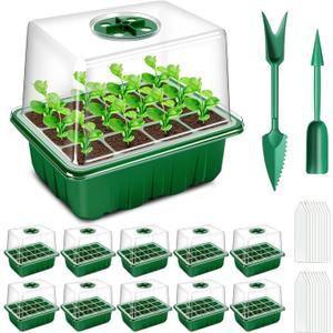 YAUNGEL Seed Starter Tray, 10 Pack 120 Cells Thicken Seed Starter Kit with Heightened Lids Humidity Dome Seedling Starter Trays for Indoor Gardening Plant, Green