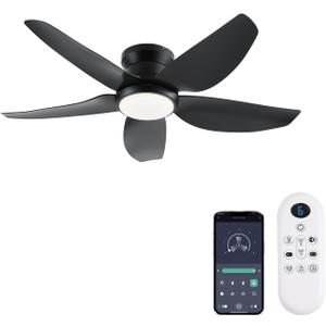 Ceiling Fans with Lights, 43 Inch Low Profile Ceiling Fan with Light and Remote/App Control, Flush Mount, Reversible DC Motor, 3CCT, Dimmable, Noiseless, Black Ceiling Fan for Indoor/Outdoor Use