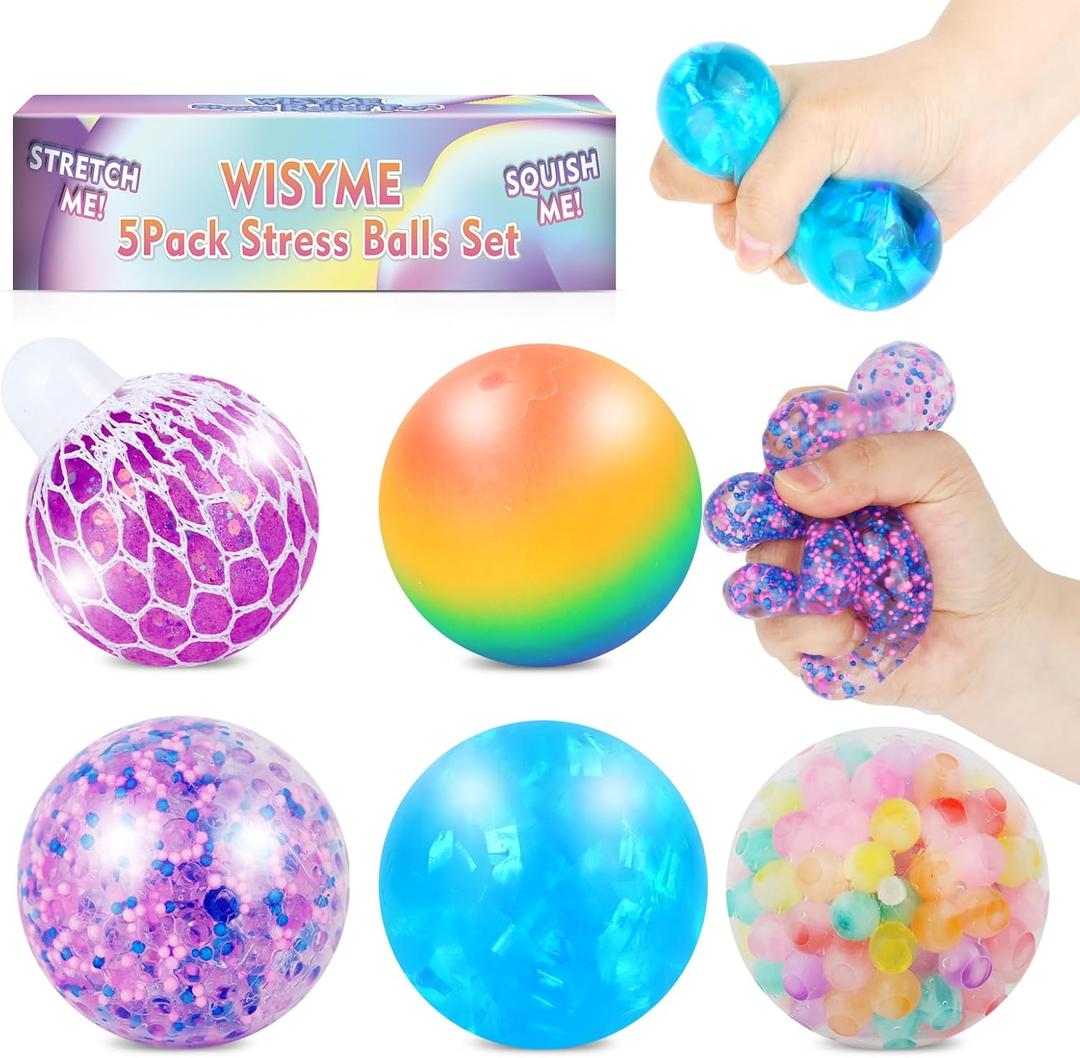 5PACK Stress Balls for Kids,Squishy Balls Fidget Toys for Adults Stress Relief,Cute Mesh Ball Squishies Ball for Autism Sensory/ADHD, Durable Squeeze Balls