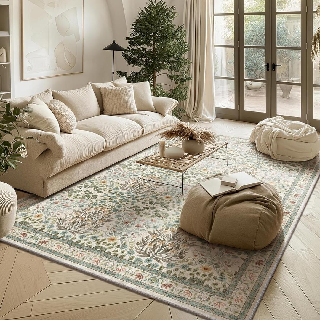 Beige Blue Area Rug 5x7 - Vintage Washable Floral Rug for Living Room, Bedroom, Nursery & Entryway - Low Pile, Non-Slip, Stain Resistant, Retro Indoor Carpet