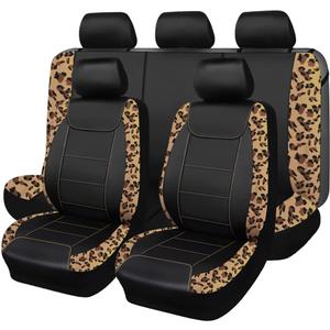 Flying Banner car seat Covers Protects Leopard Printing Velvet Faux Leather Carbon Fiber Front and Rear Bench (Leopard Brown Black, Full Set - 8PCS)