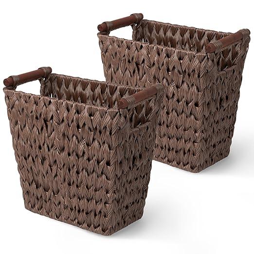 GRANNY SAYS Woven Trash Basket, Brown Wastepaper Basket with Handles, Wicker Bathroom Trash Can for Dorm Laundry Room, 2-Pack, 13" x 7 ½" x 12 ½"